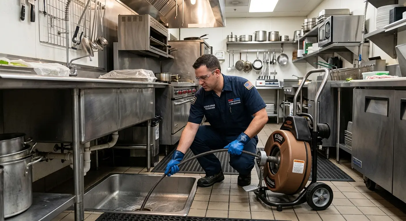 Commercial drain cleaning service in a restaurant kitchen in Stowe