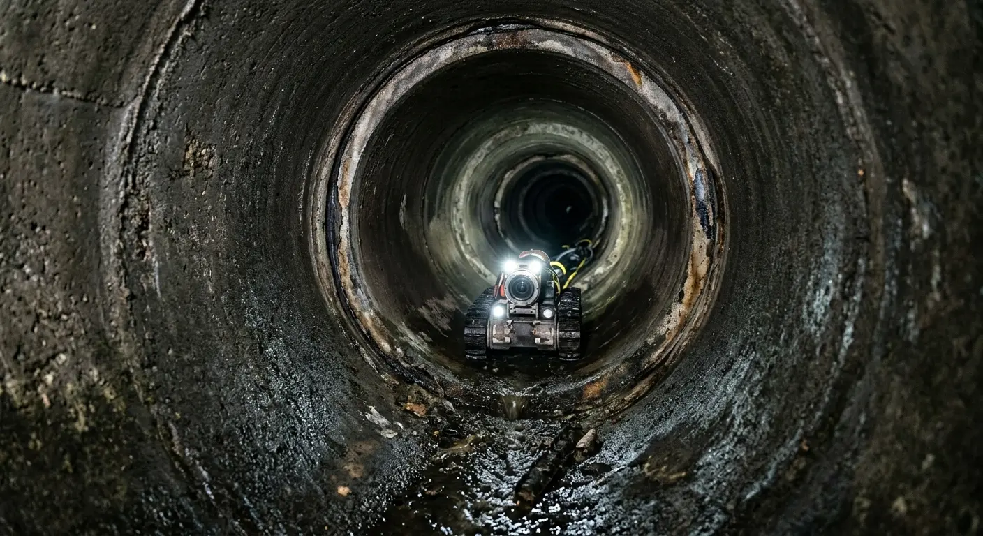 Robotic sewer camera inspecting pipe interior for Sewer Line Cleaning in Stowe