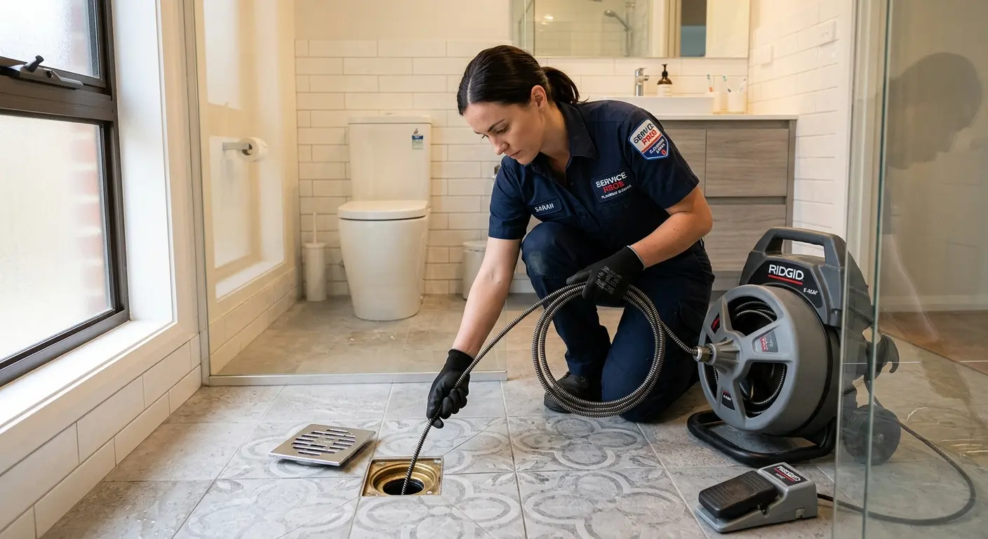 Technician clearing a bathroom floor drain for Drain Cleaning in Stowe